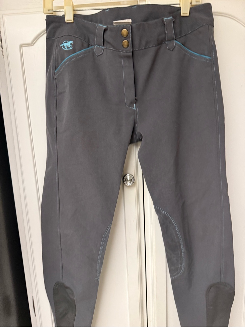 Piper Gray Equestrian Breeches with Teal Stitching - Picture 2 of 7